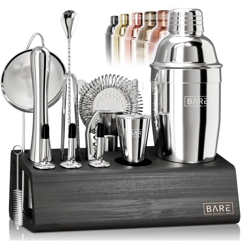BARE BARREL Mixology Bartender Kit Bar Set | 14-Piece Cocktail Shaker Set | Martini Barware Mixing Tools for Home Bartending | Incl. 35 Recipe Cards | Gift Set (24oz Cobbler Shaker  Silver/Black) - Image 1